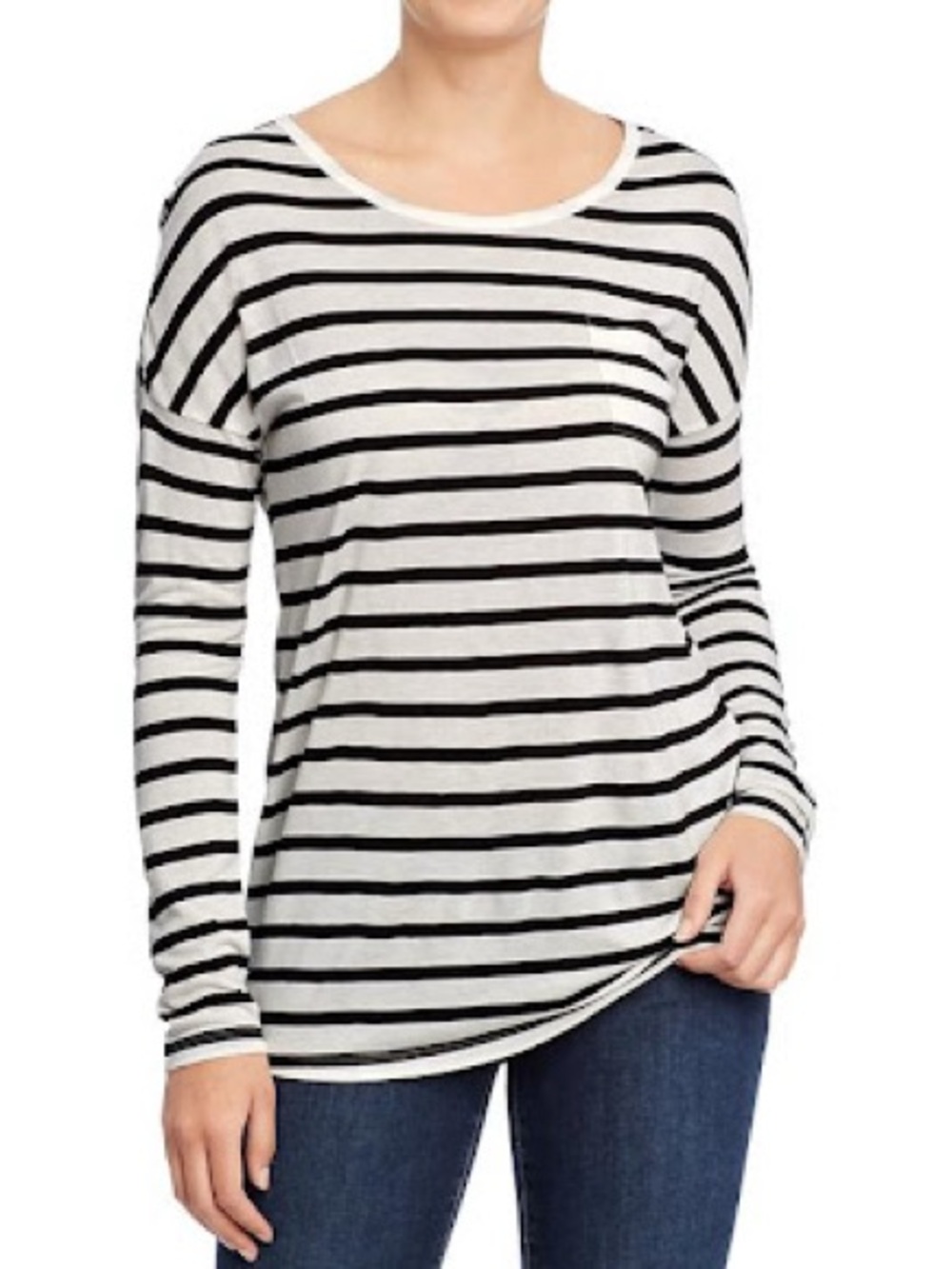 Women's Black & White Striped Long-Sleeve Scoop Neck Top